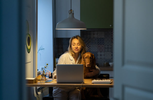 A woman working on a laptop with a dog sitting next to her.